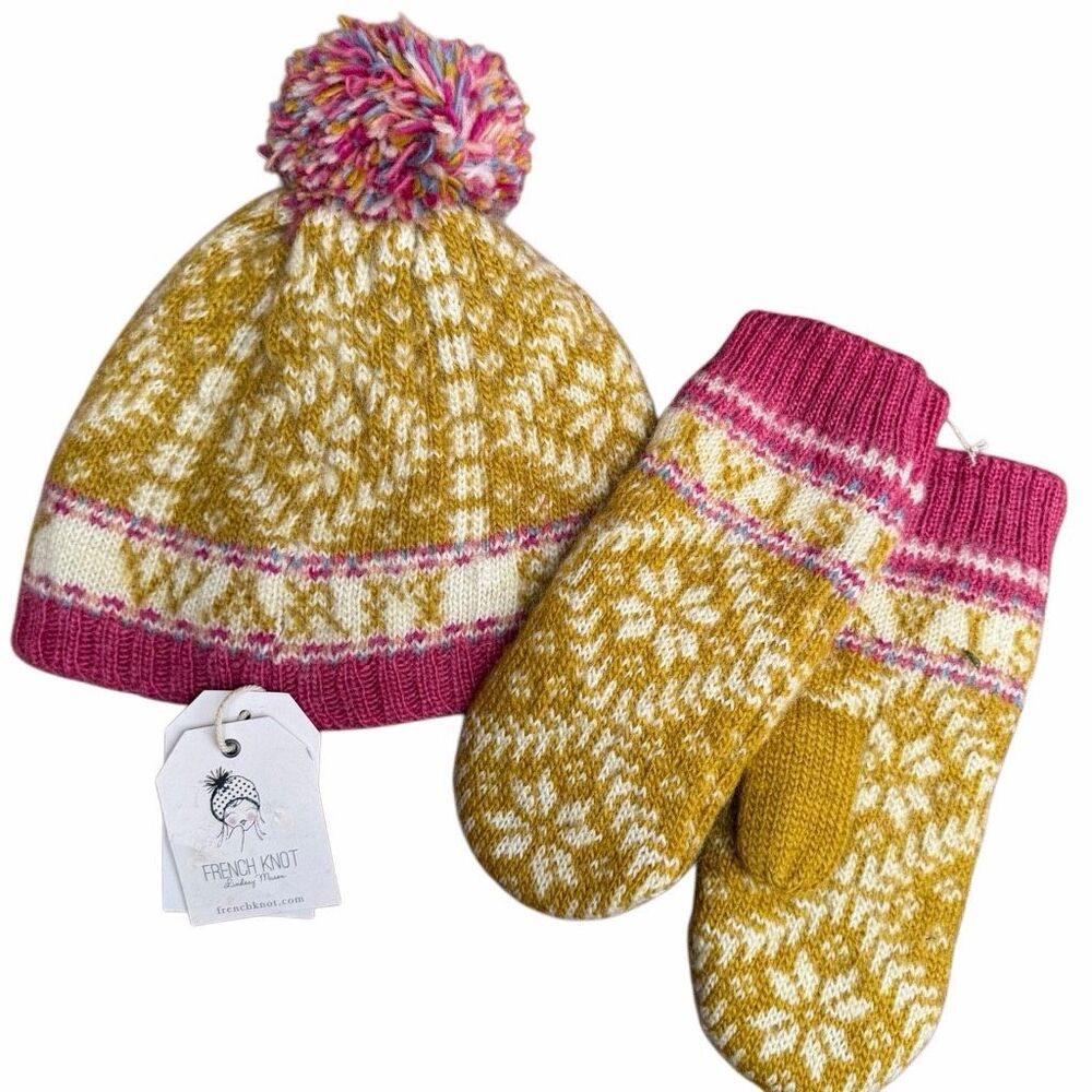 Free People French Knot Nordic Wool Hat Mittens Set Yellow Pink stay warm OS NWT